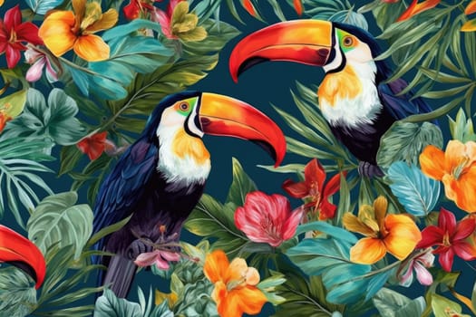 Tropical exotic pattern with animal and flowers in bright colors and lush vegetation. Ai Generative