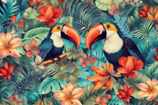 Tropical exotic pattern with animal and flowers in bright colors and lush vegetation. Ai Generative