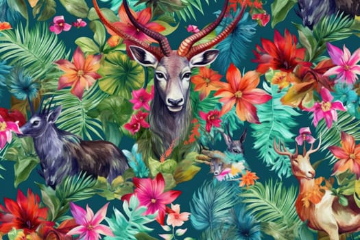 Tropical exotic pattern with animal and flowers in bright colors and lush vegetation. Ai Generative