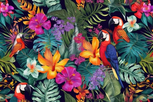 Tropical exotic pattern with animal and flowers in bright colors and lush vegetation. Ai Generative