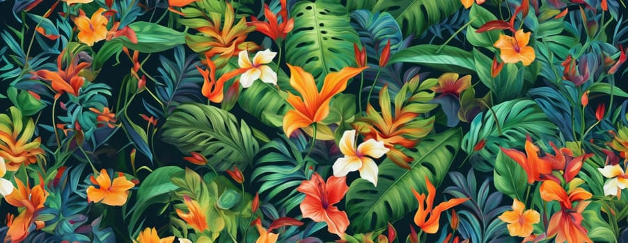 Tropical exotic pattern with animal and flowers in bright colors and lush vegetation. Ai Generative