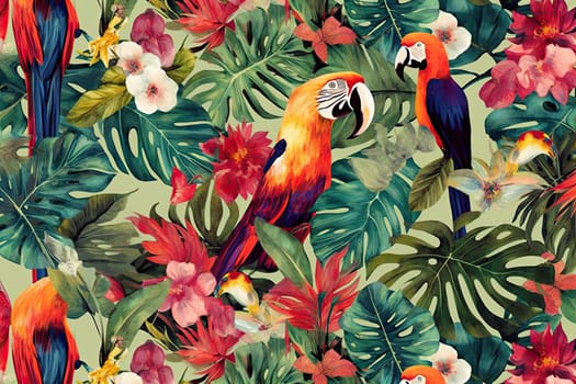 Tropical exotic pattern with animal and flowers in bright colors and lush vegetation. Ai Generative