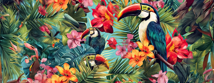 Tropical exotic pattern with animal and flowers in bright colors and lush vegetation. Ai Generative