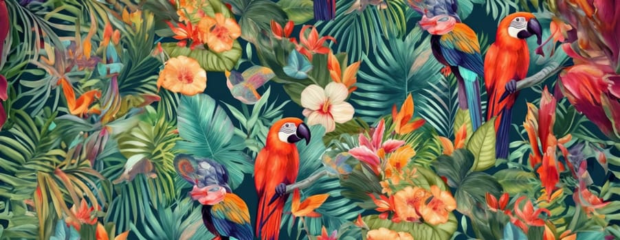 Tropical exotic pattern with animal and flowers in bright colors and lush vegetation. Ai Generative