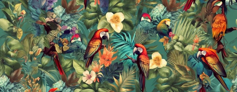 Tropical exotic pattern with animal and flowers in bright colors and lush vegetation. Ai Generative