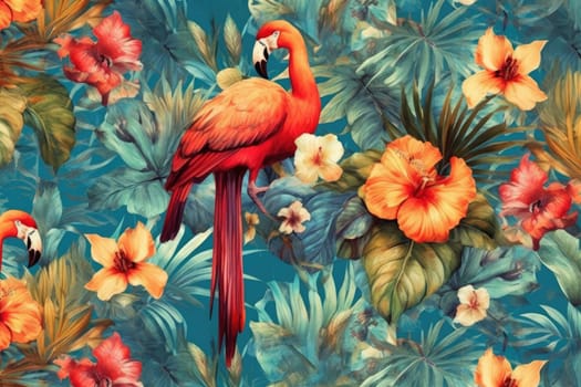 Tropical exotic pattern with animal and flowers in bright colors and lush vegetation. Ai Generative