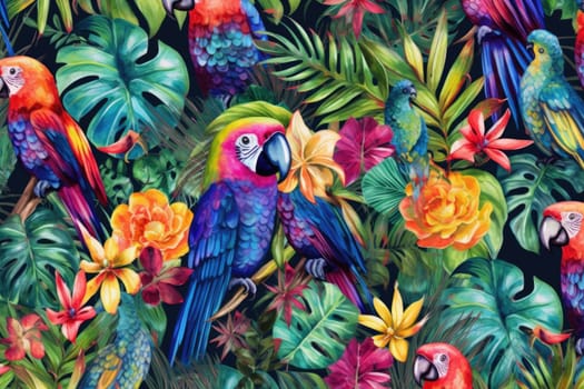 Tropical exotic pattern with animal and flowers in bright colors and lush vegetation. Ai Generative