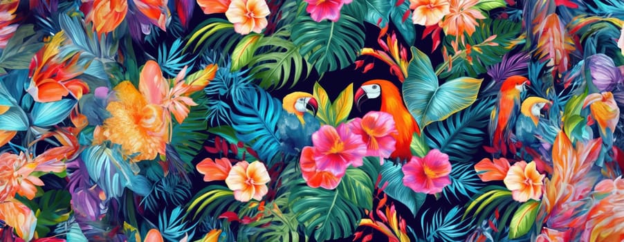 Tropical exotic pattern with animal and flowers in bright colors and lush vegetation. Ai Generative