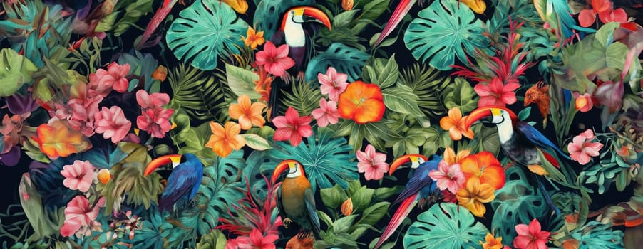 Tropical exotic pattern with animal and flowers in bright colors and lush vegetation. Ai Generative