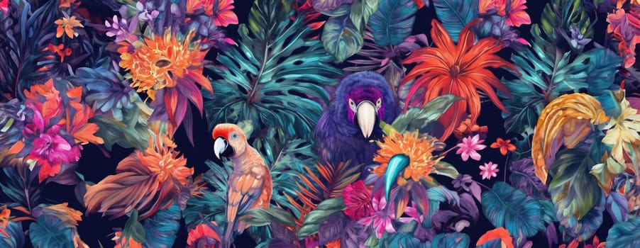 Tropical exotic pattern with animal and flowers in bright colors and lush vegetation. Ai Generative