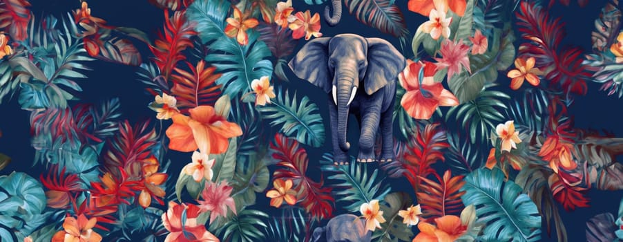 Tropical exotic pattern with animal and flowers in bright colors and lush vegetation. Ai Generative