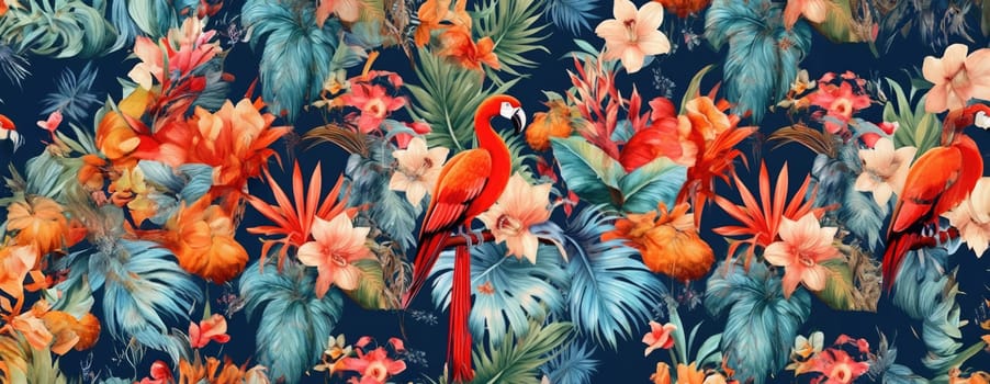 Tropical exotic pattern with animal and flowers in bright colors and lush vegetation. Ai Generative