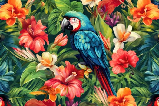 Tropical exotic pattern with animal and flowers in bright colors and lush vegetation. Ai Generative