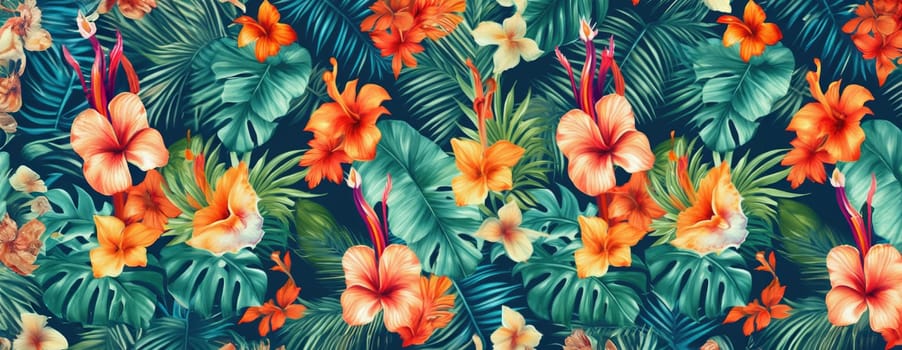 Tropical exotic pattern with animal and flowers in bright colors and lush vegetation. Ai Generative