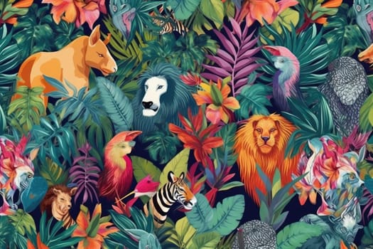 Tropical exotic pattern with animal and flowers in bright colors and lush vegetation. Ai Generative