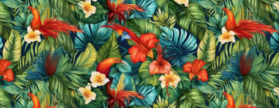 Tropical exotic pattern with animal and flowers in bright colors and lush vegetation. Ai Generative