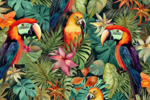 Tropical exotic pattern with animal and flowers in bright colors and lush vegetation. Ai Generative