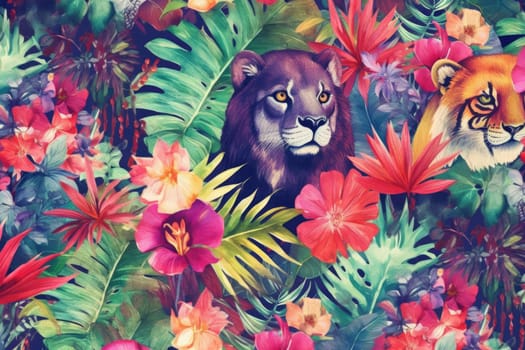 Tropical exotic pattern with animal and flowers in bright colors and lush vegetation. Ai Generative