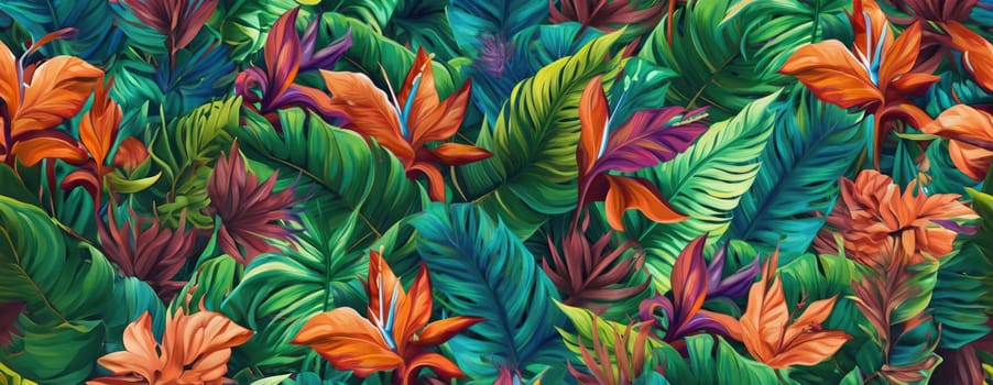 Tropical exotic pattern with animal and flowers in bright colors and lush vegetation. Ai Generative