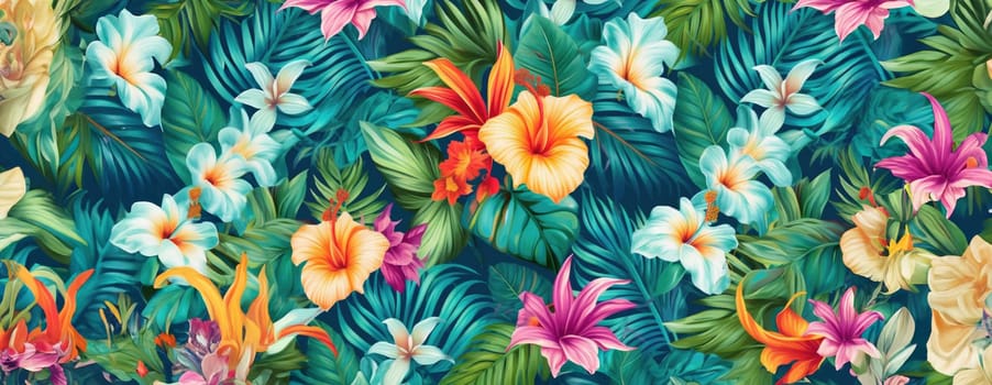 Tropical exotic pattern with animal and flowers in bright colors and lush vegetation. Ai Generative