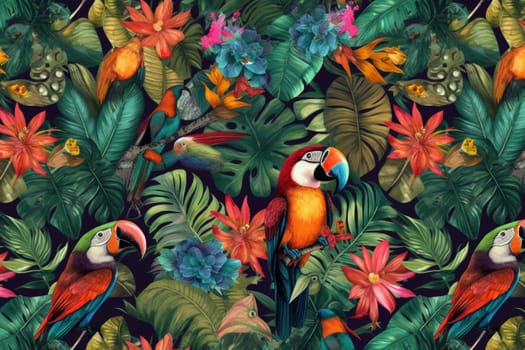 Tropical exotic pattern with animal and flowers in bright colors and lush vegetation. Ai Generative