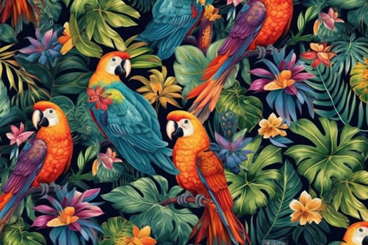 Tropical exotic pattern with animal and flowers in bright colors and lush vegetation. Ai Generative