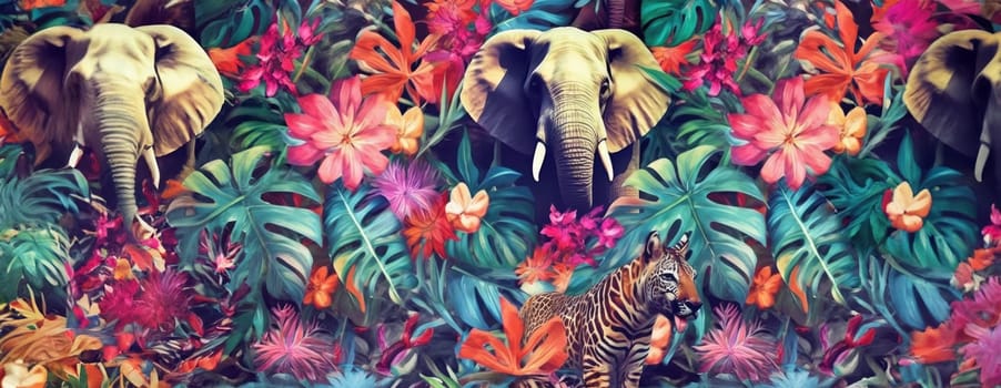 Tropical exotic pattern with animal and flowers in bright colors and lush vegetation. Ai Generative