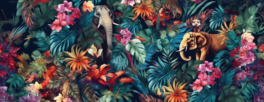 Tropical exotic pattern with animal and flowers in bright colors and lush vegetation. Ai Generative