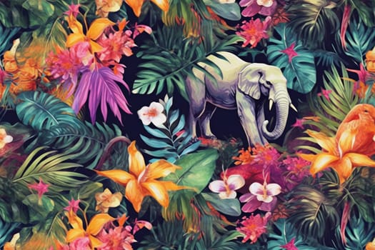 Tropical exotic pattern with animal and flowers in bright colors and lush vegetation. Ai Generative