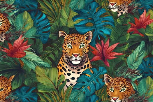 Tropical exotic pattern with animal and flowers in bright colors and lush vegetation. Ai Generative