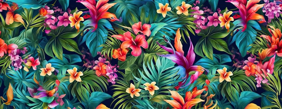 Tropical exotic pattern with animal and flowers in bright colors and lush vegetation. Ai Generative