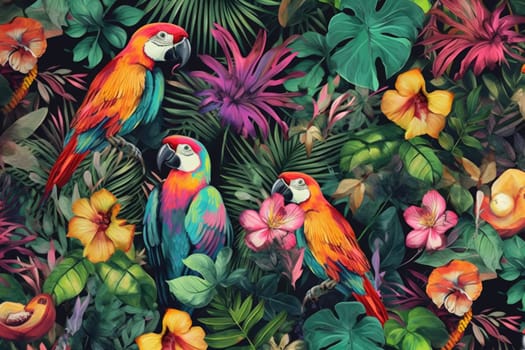 Tropical exotic pattern with animal and flowers in bright colors and lush vegetation. Ai Generative