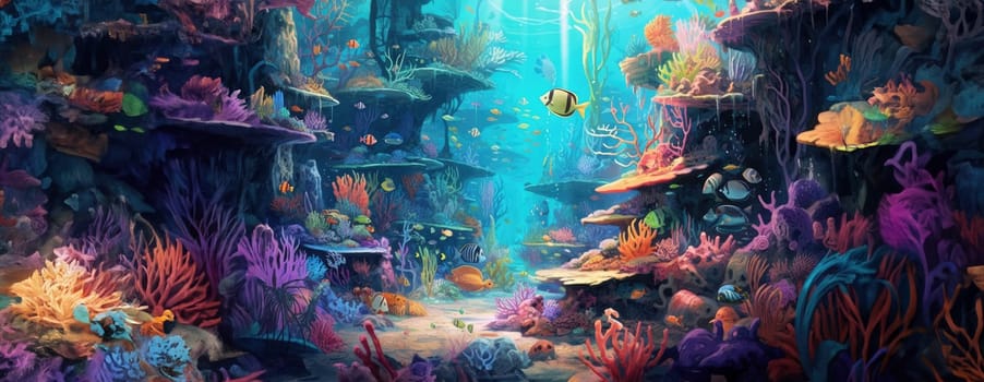 Tropical sea underwater fishes on coral reef. Aquarium oceanarium wildlife colorful marine panorama landscape nature snorkel diving. AI Generative