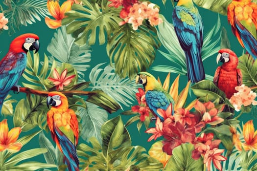 Tropical exotic pattern with animal and flowers in bright colors and lush vegetation. Ai Generative