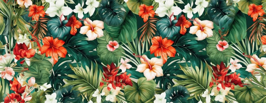 Tropical exotic pattern with animal and flowers in bright colors and lush vegetation. Ai Generative