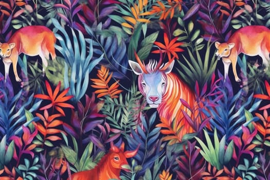 Tropical exotic pattern with animal and flowers in bright colors and lush vegetation. Ai Generative