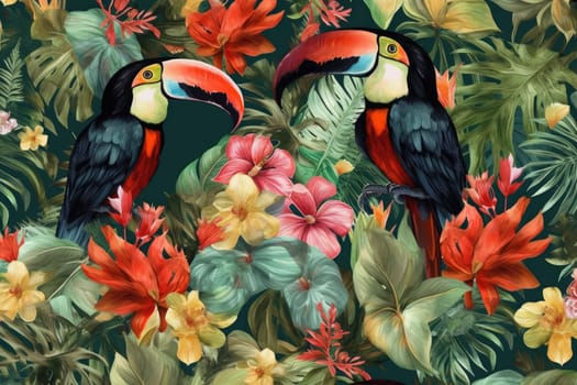 Tropical exotic pattern with animal and flowers in bright colors and lush vegetation. Ai Generative