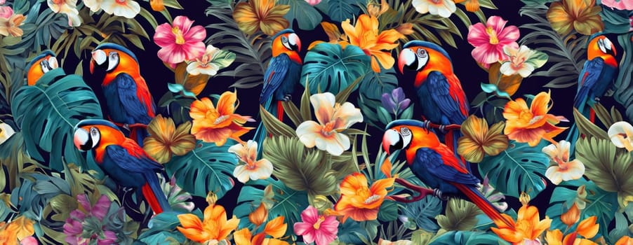 Tropical exotic pattern with animal and flowers in bright colors and lush vegetation. Ai Generative