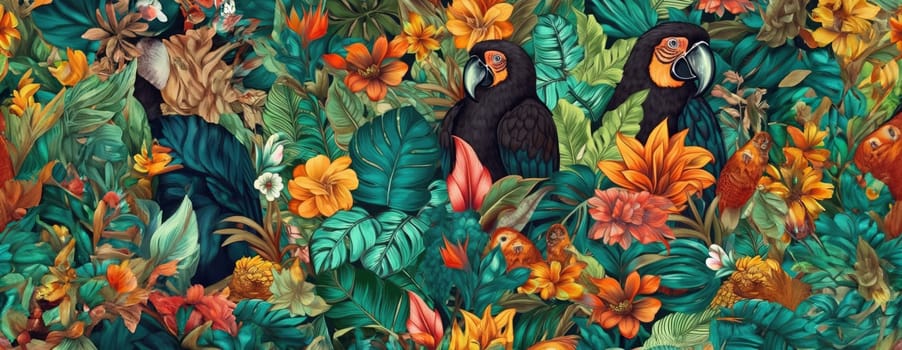 Tropical exotic pattern with animal and flowers in bright colors and lush vegetation. Ai Generative