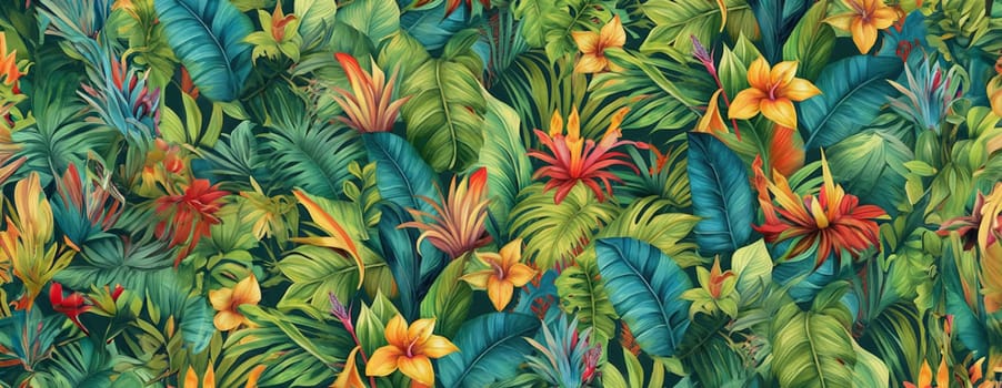 Tropical exotic pattern with animal and flowers in bright colors and lush vegetation. Ai Generative