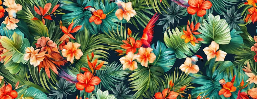 Tropical exotic pattern with animal and flowers in bright colors and lush vegetation. Ai Generative