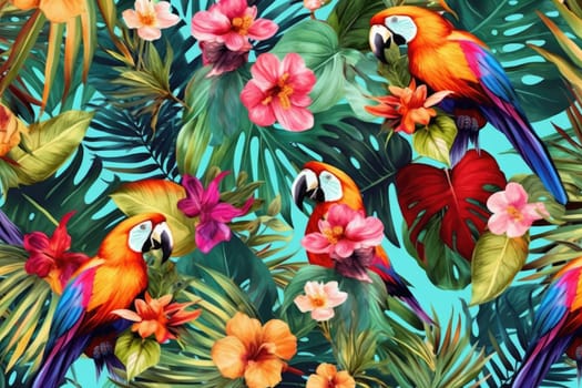 Tropical exotic pattern with animal and flowers in bright colors and lush vegetation. Ai Generative