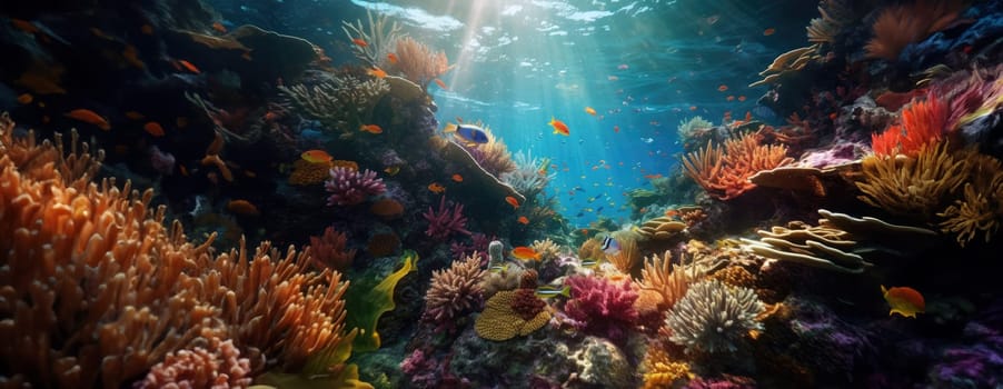 Tropical sea underwater fishes on coral reef. Aquarium oceanarium wildlife colorful marine panorama landscape nature snorkel diving. AI Generative