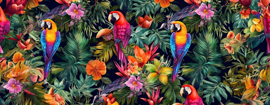 Tropical exotic pattern with animal and flowers in bright colors and lush vegetation. Ai Generative