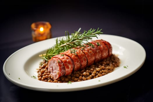 Cotechino with lentils raditional a Emilia-Romagna dish, with sausage served with lentils, symbolizing luck and prosperity for the new year.