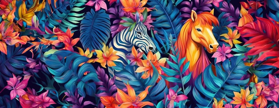 Tropical exotic pattern with animal and flowers in bright colors and lush vegetation. Ai Generative