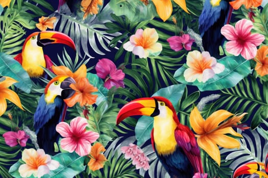 Tropical exotic pattern with animal and flowers in bright colors and lush vegetation. Ai Generative