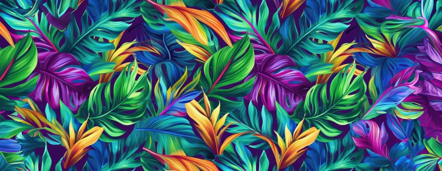 Tropical exotic pattern with animal and flowers in bright colors and lush vegetation. Ai Generative