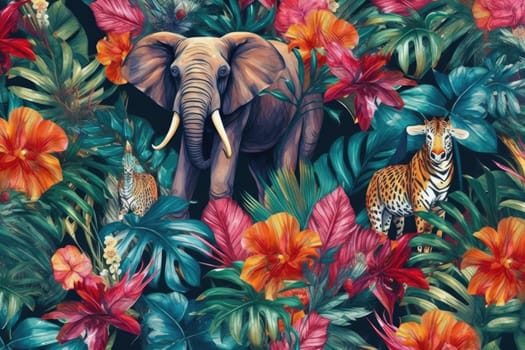 Tropical exotic pattern with animal and flowers in bright colors and lush vegetation. Ai Generative