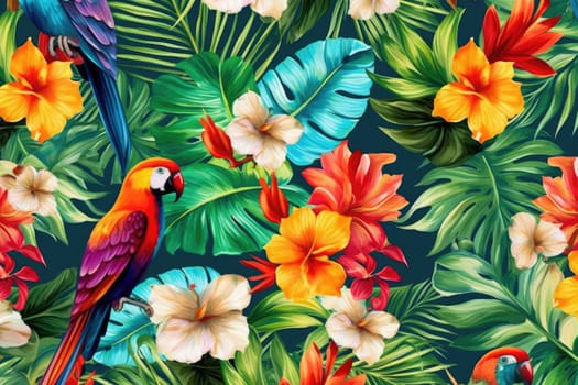 Tropical exotic pattern with animal and flowers in bright colors and lush vegetation. Ai Generative